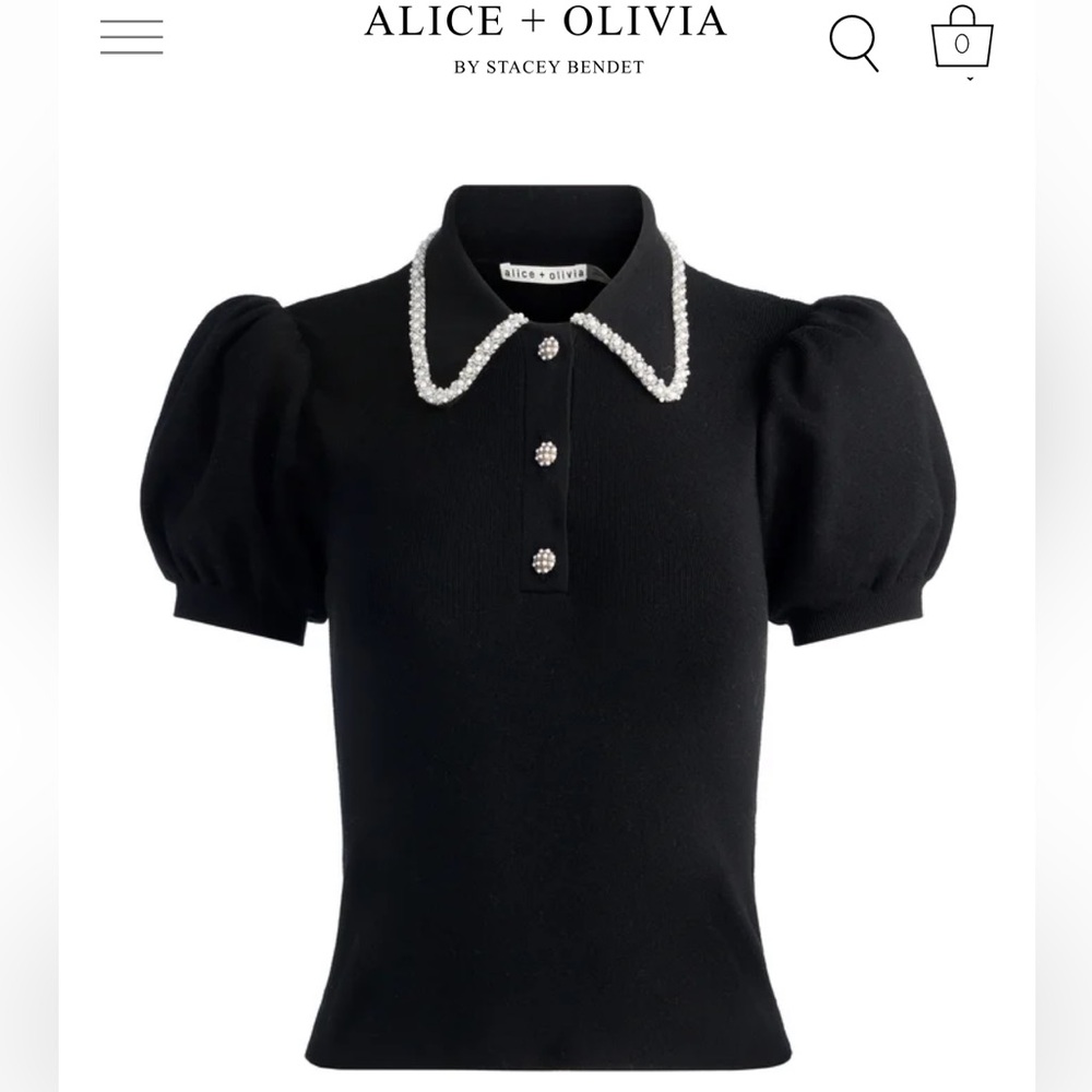 Alice + Olivia by Stacey Bendet Black Puff Sleeve Pearl Collar Knit Top Sz XS